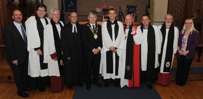 At the service in Derryvolgie are, L to R: Stewart Gavin (people's warden), Rev Andrew Forster (preacher), Canon Sam Wright (Lisburn Cathedral), Rev William Taggart (Registrar), Councillor Brian Heading (Lisburn Mayor), Rev Stephen McElhinney (priest-in-charge), Bishop Alan Abernethy, Rev Paul Jack (Bishop's Chaplain), Rev Canon John Budd (rural dean) and Rhonda Gavin (rector's warden).